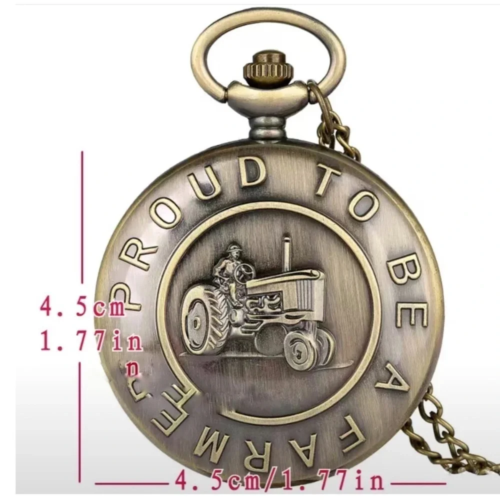 Farmer Bronze Pocket Watch Chained Pendant Retro Quartz Analog Gift Pouch